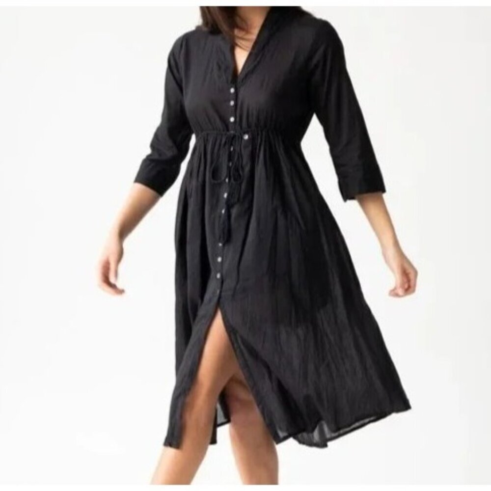 Natural Life Chloe Woven Midi Dress Size XS Black Button Front V Neck Tie Waist
